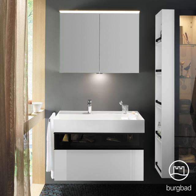 Burgbad Yumo Set Waschtisch inkl. Ablage mit Waschtischunterschrank und Spiegelschrank weiß hochglanz/bronze, Waschtisch weiß