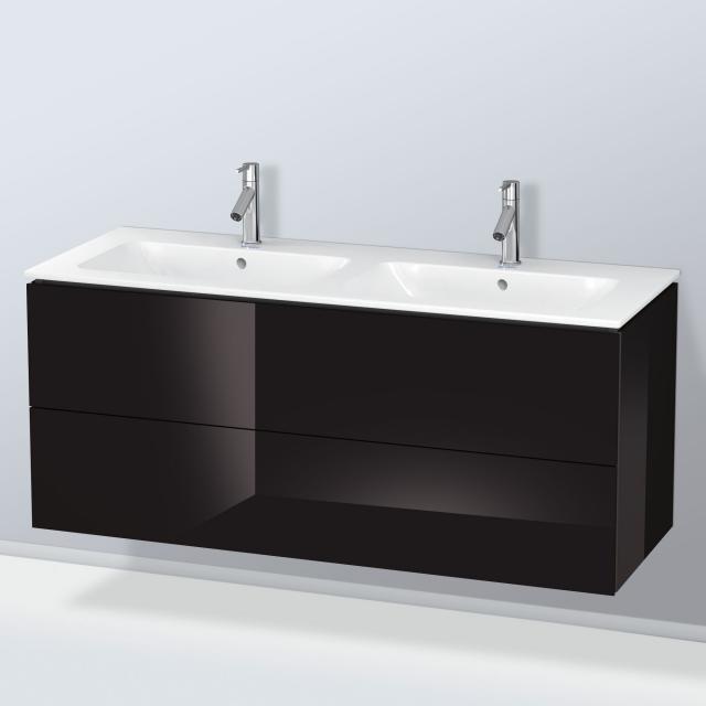 Duravit ME by Starck Doppelwaschtisch mit L-Cube Waschtischunterschrank mit 2 Auszügen schwarz hochglanz, ohne Einrichtungssystem, WT weiß, mit WonderGliss, mit 2 Hahnlöchern