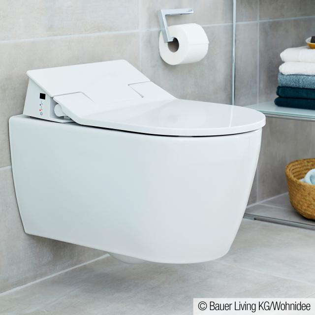 Duravit ME by Starck Wand-Tiefspül-WC mit NEUEM SensoWash® Slim WC-Sitz, Set ohne Spülrand, weiß mit WonderGliss