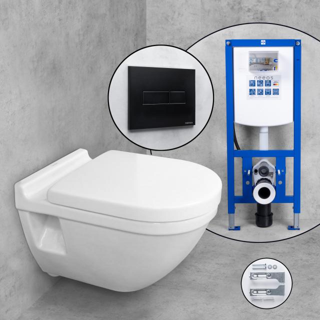 Duravit Starck 3 Wand-WC & Tellkamp WC-Sitz mit neeos Vorwandelement, Betätigungsplatte mit eckiger Betätigung in schwarz matt, mit WonderGliss