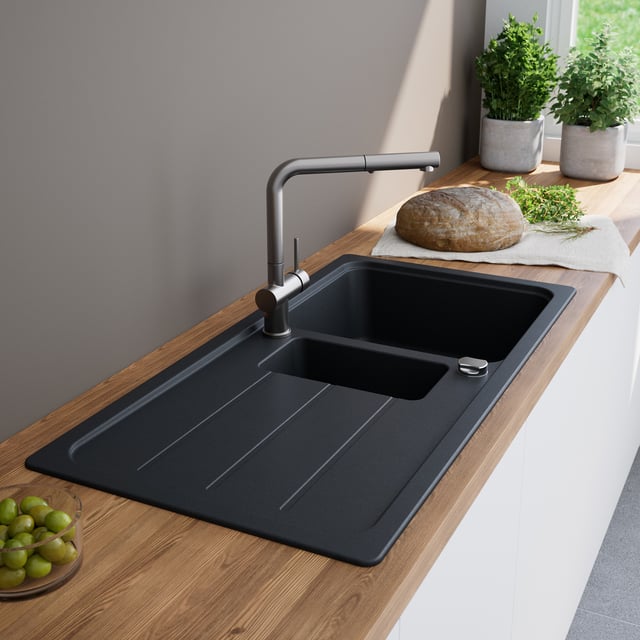 evineo line 100 Küchenspüle mit Restebecken und Ablage B: 100 T: 50 cm anthrazit - FOD150LAN