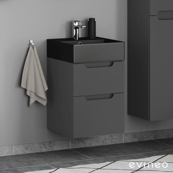 Scarabeo Teorema 2.0 Handwaschbecken mit Evineo ineo5 Waschtischunterschrank mit 2 Auszügen, mit Griffmulde anthrazit matt, Waschtisch schwarz matt, mit BIO System Beschichtung