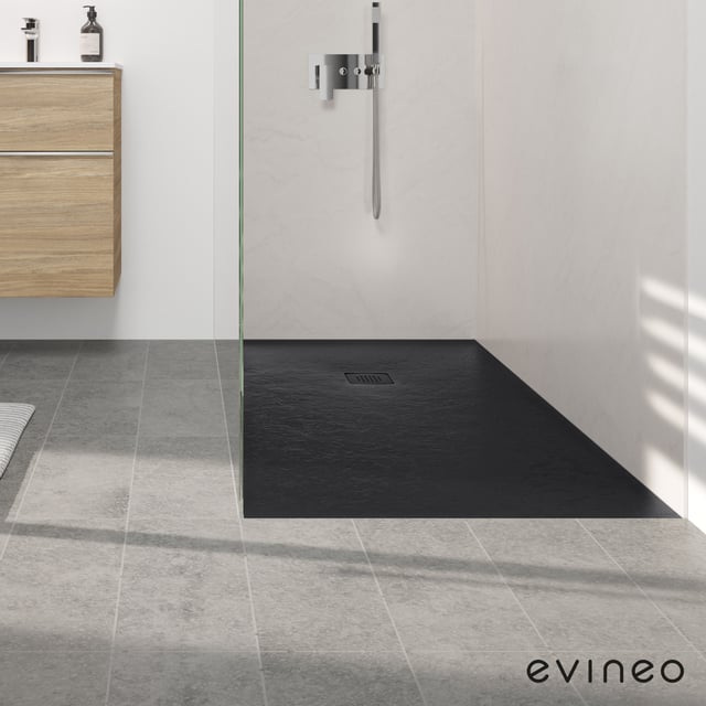 Duschwanne Schwarz, Fünfeckig, 90x90x12 Cm – Stein-Effekt, Rutschhemmend, Easy Clean