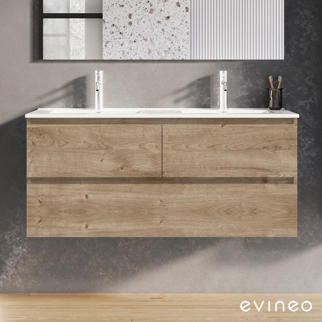 evineo ineo2 Doppelwaschtisch mit Waschtischunterschrank mit 3 Auszügen, mit Griffmulde eiche, Waschtisch weiß