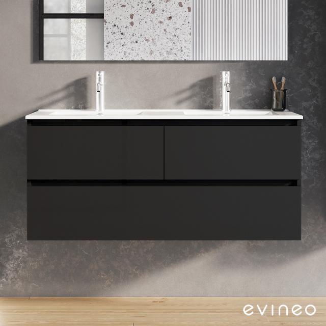 evineo ineo2 Doppelwaschtisch mit Waschtischunterschrank mit 3 Auszügen, mit Griffmulde schwarz matt, Waschtisch weiß
