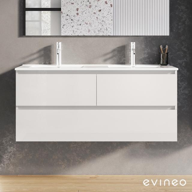 evineo ineo2 Doppelwaschtisch mit Waschtischunterschrank mit 3 Auszügen, mit Griffmulde weiß hochglanz, Waschtisch weiß