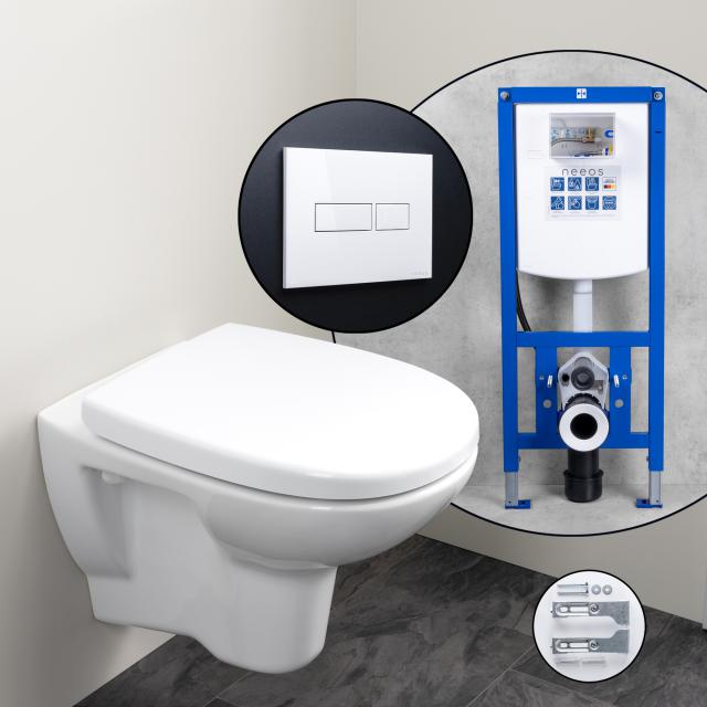 evineo ineo2 Komplett-SET Wand-WC mit neeos Vorwandelement, Betätigungsplatte mit eckiger Betätigung in weiß