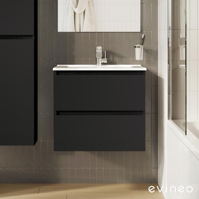 evineo ineo2 Waschtisch mit Waschtischunterschrank mit 2 Auszügen, mit Griffmulde schwarz matt, Waschtisch weiß