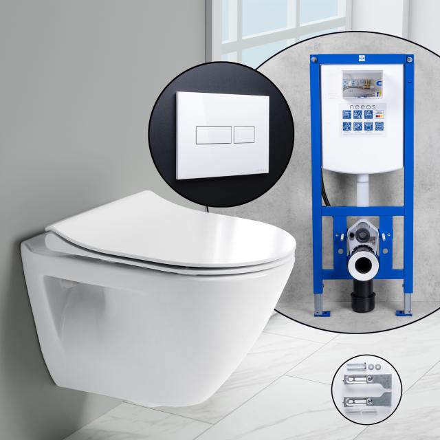 evineo ineo3 Komplett-SET Wand-WC mit neeos Vorwandelement, Betätigungsplatte mit eckiger Betätigung in weiß