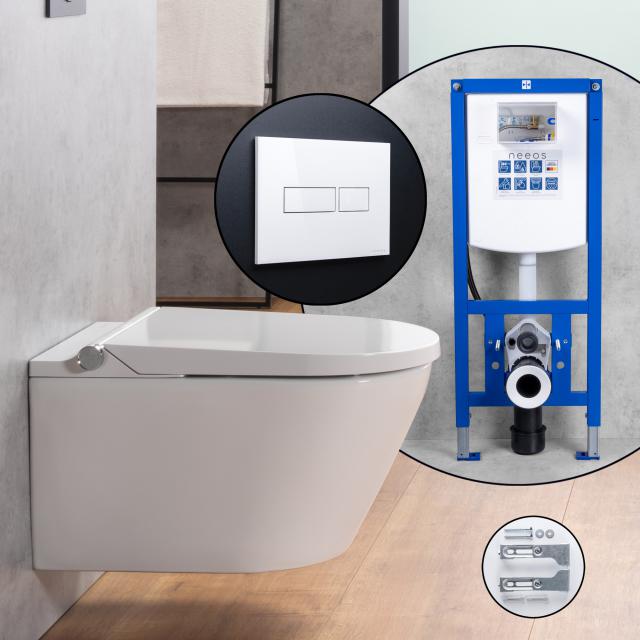 evineo ineo3 soft Komplett-SET Dusch-WC mit neeos Vorwandelement, Betätigungsplatte mit eckiger Betätigung in weiß, WC in weiß