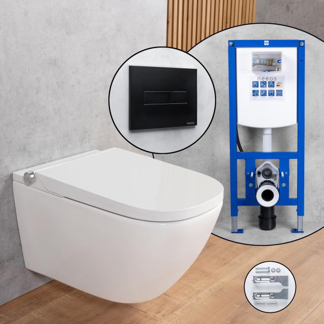 evineo ineo3 softcube Komplett-SET Dusch-WC mit neeos Vorwandelement, Betätigungsplatte mit eckiger Betätigung in schwarz matt, WC in weiß