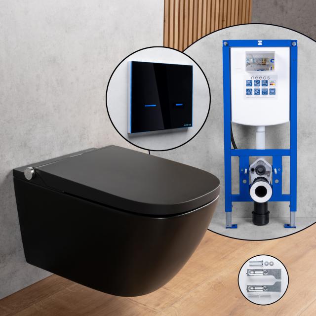 evineo ineo3 softcube Komplett-SET Dusch-WC mit neeos Vorwandelement, Betätigungsplatte mit elektronischer Betätigung, WC in schwarz matt