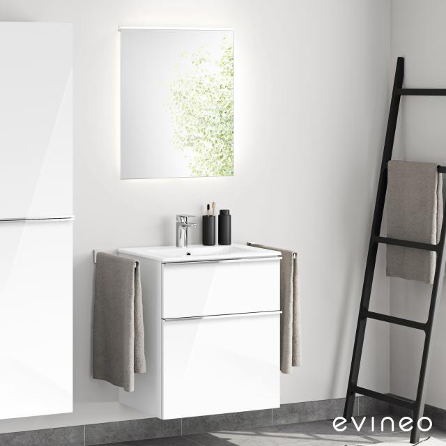 Evineo ineo4 Waschtisch mit Waschtischunterschrank mit Griff, mit LED-Spiegel Front weiß hochglanz/verspiegelt / Korpus weiß hochglanz