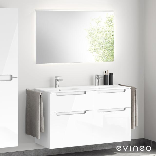 Evineo ineo5 Doppelwaschtisch mit Waschtischunterschrank mit Griffmulde, mit LED-Spiegel Front weiß hochglanz/verspiegelt / Korpus weiß hochglanz