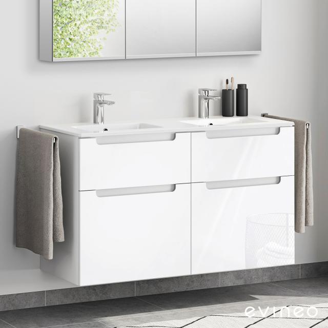 Evineo ineo5 Doppelwaschtisch mit Waschtischunterschrank mit 4 Auszügen, mit Griffmulde Front weiß hochglanz / Korpus weiß hochglanz
