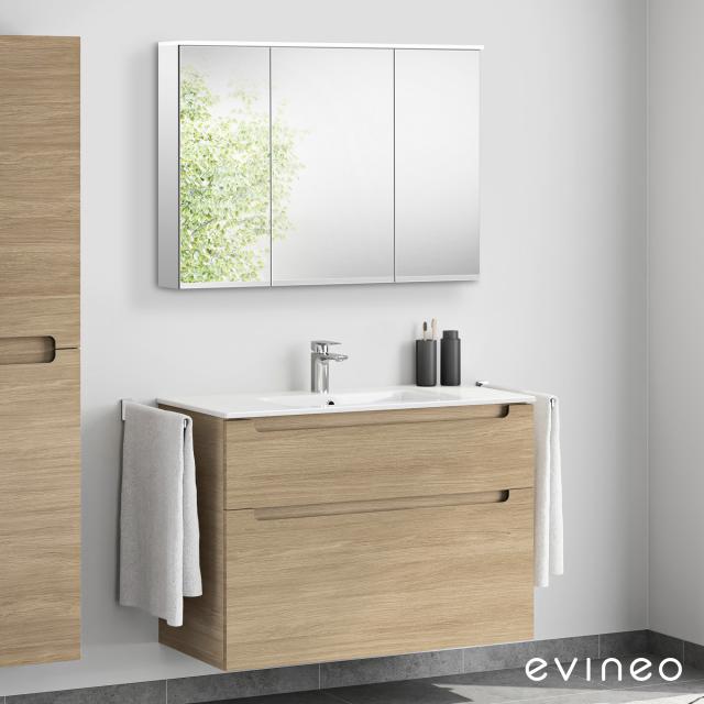 evineo ineo5 Waschtisch mit Waschtischunterschrank mit Griffmulde, mit Spiegelschrank eiche/verspiegelt