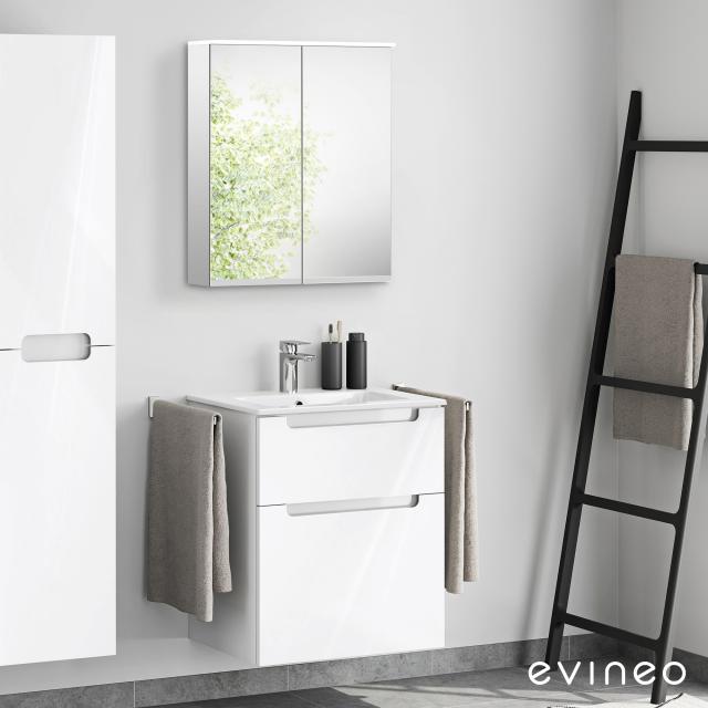 evineo ineo5 Waschtisch mit Waschtischunterschrank mit Griffmulde, mit Spiegelschrank weiß hochglanz/verspiegelt