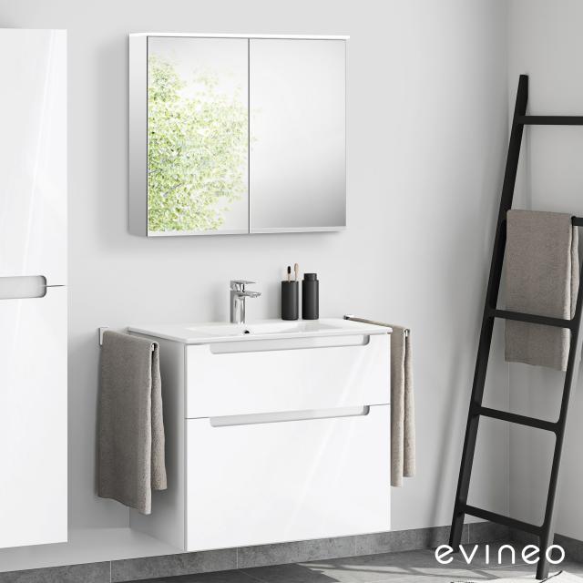 Evineo ineo5 Waschtisch mit Waschtischunterschrank mit Griffmulde, mit Spiegelschrank Front weiß hochglanz/verspiegelt/Korpus weiß hochglanz/verspiegelt