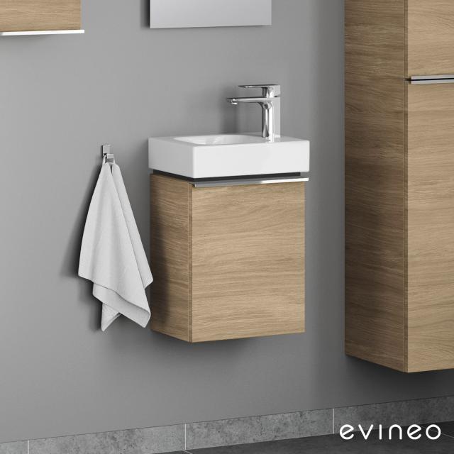 Geberit iCon Handwaschbecken mit evineo ineo4 Waschtischunterschrank mit 1 Tür, mit Griff eiche, Waschtisch weiß