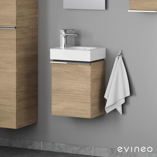 Geberit iCon Handwaschbecken mit Evineo ineo4 Waschtischunterschrank mit 1 Tür, mit Griff eiche, WT weiß, mit KeraTect