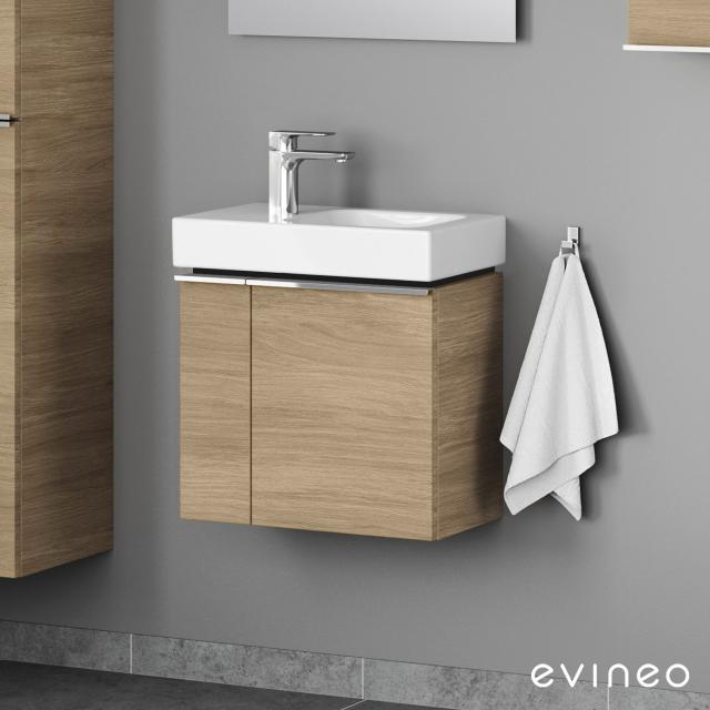 Geberit iCon Handwaschbecken mit Evineo ineo4 Waschtischunterschrank mit 2 Türen, mit Griff eiche, WT weiß