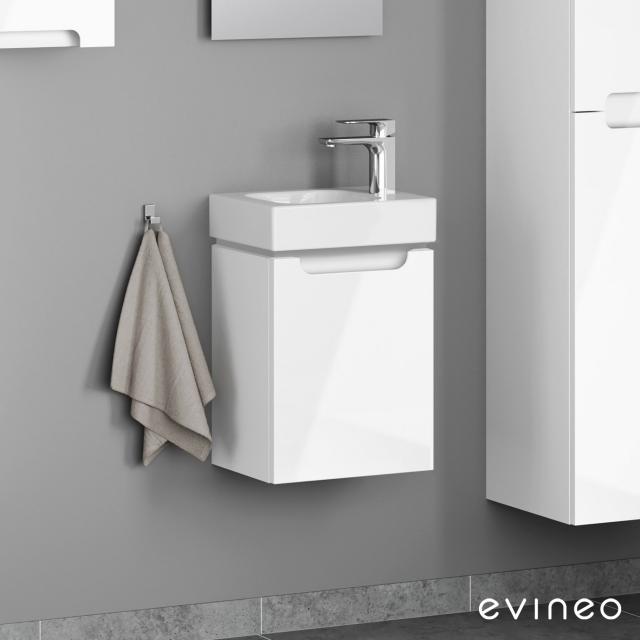 Geberit iCon Handwaschbecken mit Evineo ineo5 Waschtischunterschrank mit 1 Tür, mit Griffmulde Front weiß hochglanz / Korpus weiß hochglanz, WT weiß, mit KeraTect