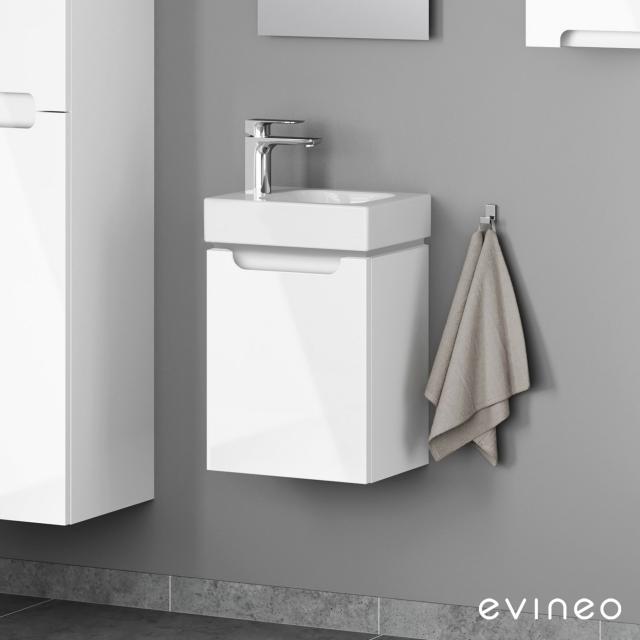 Geberit iCon Handwaschbecken mit evineo ineo5 Waschtischunterschrank mit 1 Tür, mit Griffmulde weiß hochglanz, WT weiß, mit KeraTect