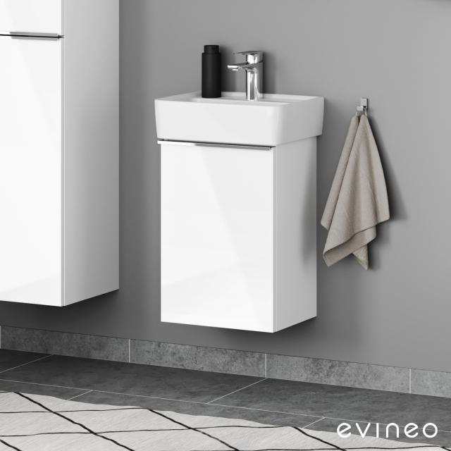 Geberit Renova Plan Handwaschbecken mit evineo ineo4 Waschtischunterschrank mit 1 Tür, mit Griff weiß hochglanz, WT weiß