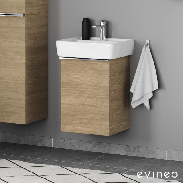Geberit Renova Plan Handwaschbecken mit evineo ineo4 Waschtischunterschrank mit 1 Tür, mit Griff eiche, Waschtisch weiß