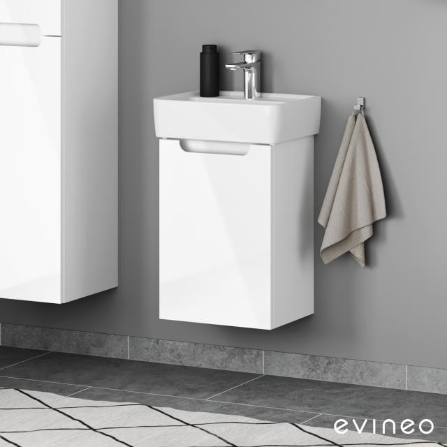 Geberit Renova Plan Handwaschbecken mit Evineo ineo5 Waschtischunterschrank mit 1 Tür, mit Griffmulde Front weiß hochglanz / Korpus weiß hochglanz, WT weiß