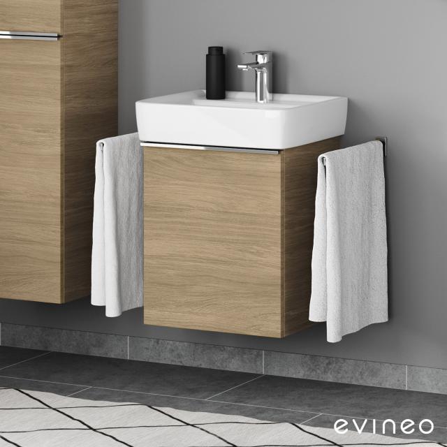 Geberit Renova Plan Waschtisch mit Evineo ineo4 Waschtischunterschrank mit 1 Tür, mit Griff eiche, WT weiß
