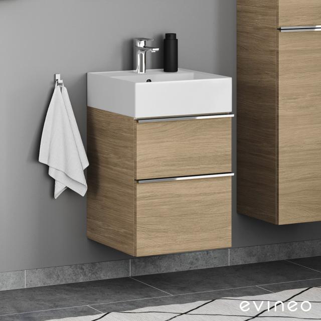 Scarabeo Teorema 2.0 Handwaschbecken mit evineo ineo4 Waschtischunterschrank mit 2 Auszügen, mit Griff eiche, Waschtisch weiß matt, mit BIO System Beschichtung