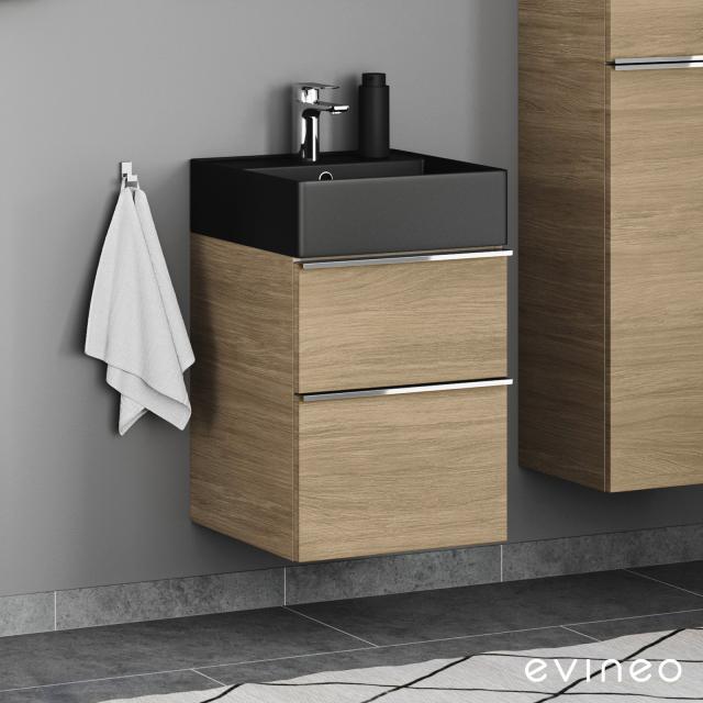 Scarabeo Teorema 2.0 Handwaschbecken mit Evineo ineo4 Waschtischunterschrank mit 2 Auszügen, mit Griff eiche, WT schwarz matt, mit BIO System Beschichtung