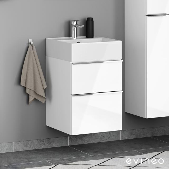 Scarabeo Teorema 2.0 Handwaschbecken mit Evineo ineo4 Waschtischunterschrank mit 2 Auszügen, mit Griff Front weiß hochglanz / Korpus weiß hochglanz, WT weiß, mit BIO System Beschichtung