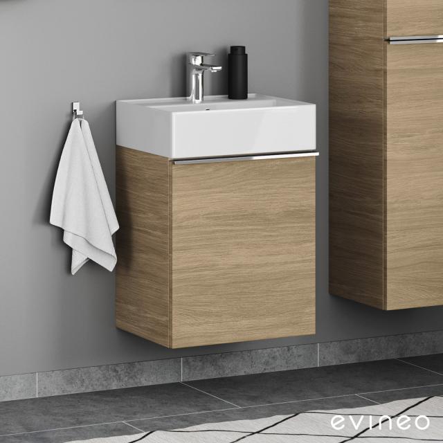 Scarabeo Teorema 2.0 Handwaschbecken mit evineo ineo4 Waschtischunterschrank mit 1 Tür, mit Griff eiche, Waschtisch weiß, mit BIO System Beschichtung