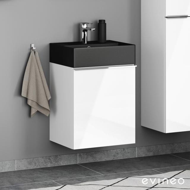 Scarabeo Teorema 2.0 Handwaschbecken mit evineo ineo4 Waschtischunterschrank mit 1 Tür, mit Griff weiß hochglanz, WT schwarz matt, mit BIO System Beschichtung