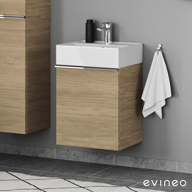 Scarabeo Teorema 2.0 Handwaschbecken mit Evineo ineo4 Waschtischunterschrank mit 1 Tür, mit Griff eiche, Waschtisch weiß, mit BIO System Beschichtung