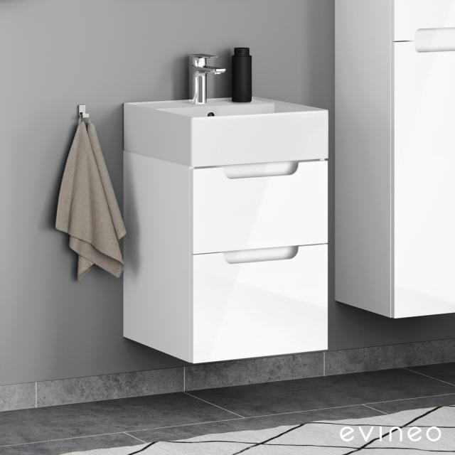 Scarabeo Teorema 2.0 Handwaschbecken mit evineo ineo5 Waschtischunterschrank mit 2 Auszügen, mit Griffmulde weiß hochglanz, WT weiß matt