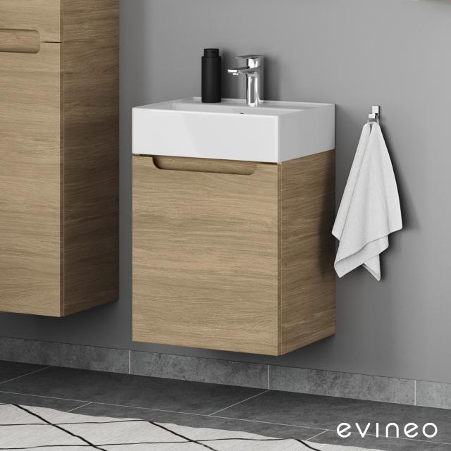 Scarabeo Teorema 2.0 Handwaschbecken mit evineo ineo5 Waschtischunterschrank mit 1 Tür, mit Griffmulde eiche, Waschtisch weiß