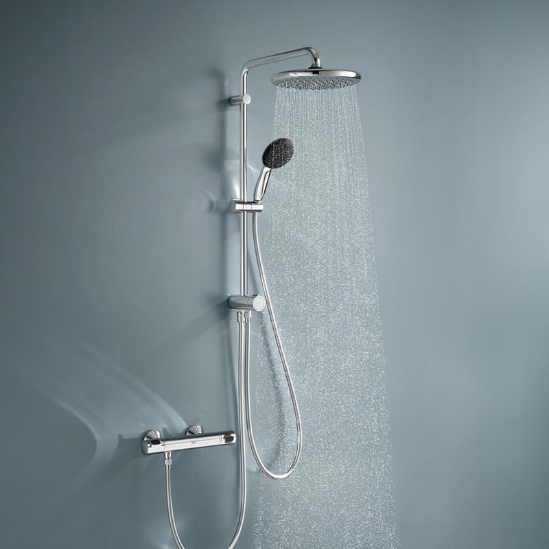 Système De Douche Mural GROHE Euphoria - Mitigeur Thermostatique Rond 230 Mm Avec Douchette Cube Stick - Finition Chrome StarLight - Réf. 26187000