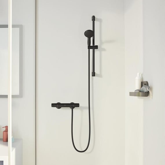Volga IMEX Thermostat-Dusch-Set – Deckenmontage, Schwarz Matt, Mit 40x40 Cm Duschkopf, 1,5 M Schlauch
