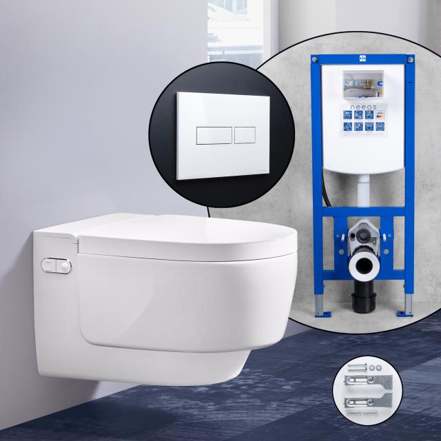 Geberit AquaClean Mera Classic Komplett-SET Dusch-WC mit neeos Vorwandelement, Betätigungsplatte mit eckiger Betätigung in weiß, WC in weiß