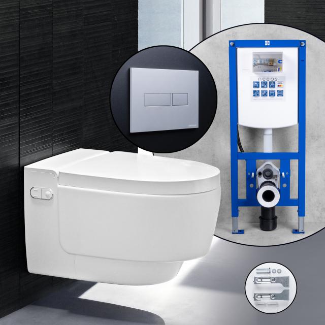 Geberit AquaClean Mera Comfort Komplett-SET Dusch-WC mit neeos Vorwandelement, Betätigungsplatte mit eckiger Betätigung in chrom matt, WC in weiß