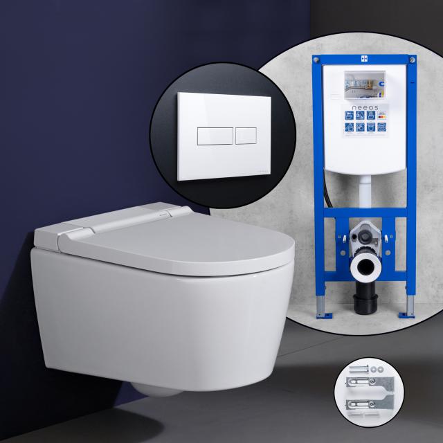 Geberit AquaClean Sela Komplett-SET Dusch-WC mit neeos Vorwandelement, Betätigungsplatte mit eckiger Betätigung in weiß, WC in weiß