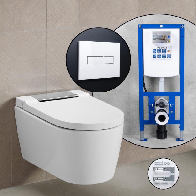 Geberit AquaClean Sela Komplett-SET Dusch-WC mit neeos Vorwandelement, Betätigungsplatte mit eckiger Betätigung in weiß, WC-Sitz in weiß/chrom hochglanz