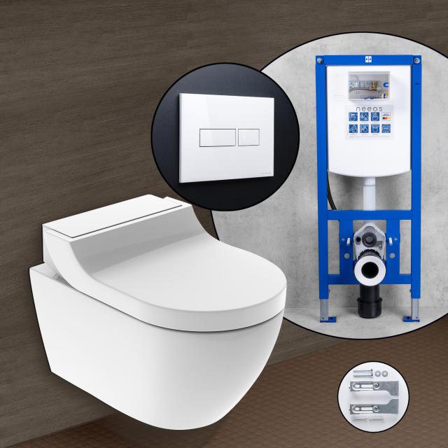 Geberit AquaClean Tuma Comfort Komplett-SET Dusch-WC mit neeos Vorwandelement, Betätigungsplatte mit eckiger Betätigung in weiß, WC-Sitz in weiß