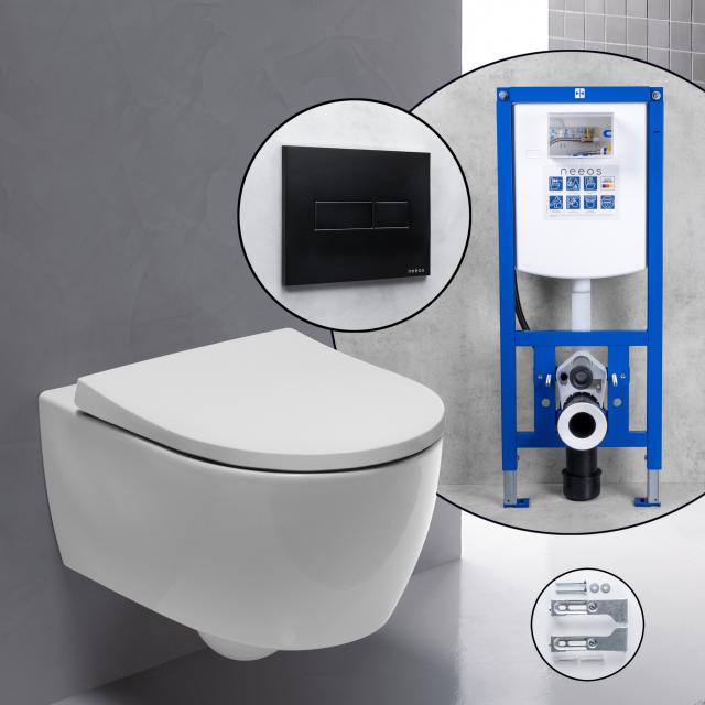 Geberit iCon Compact Komplett-SET Wand-WC mit neeos Vorwandelement, Betätigungsplatte mit eckiger Betätigung in schwarz matt, WC ohne Spülrand, mit KeraTect