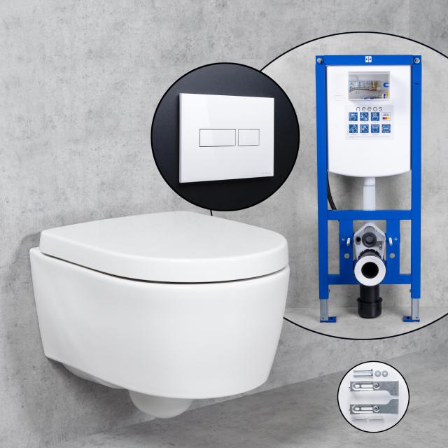 Geberit iCon Compact Wand-WC & Tellkamp WC-Sitz mit neeos Vorwandelement, Betätigungsplatte mit eckiger Betätigung in weiß, WC mit Spülrand