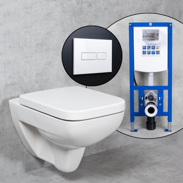 Geberit Renova Plan Wand-WC & Tellkamp WC-Sitz mit neeos Vorwandelement, Betätigungsplatte mit eckiger Betätigung in weiß, WC mit Spülrand, mit KeraTect