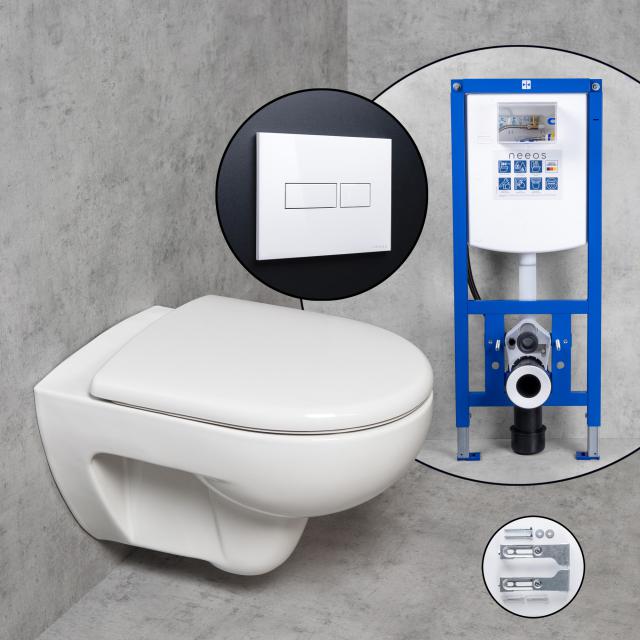 Geberit Renova Wand-WC & Tellkamp WC-Sitz mit neeos Vorwandelement, Betätigungsplatte mit eckiger Betätigung in weiß, WC mit Spülrand